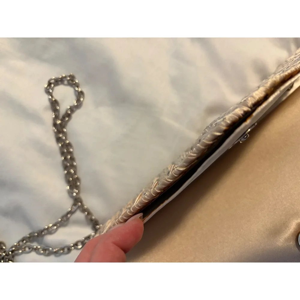 Champagne Satin Pleated Rhinestone Evening Clutch Bag with‎ Chain Strap Womens